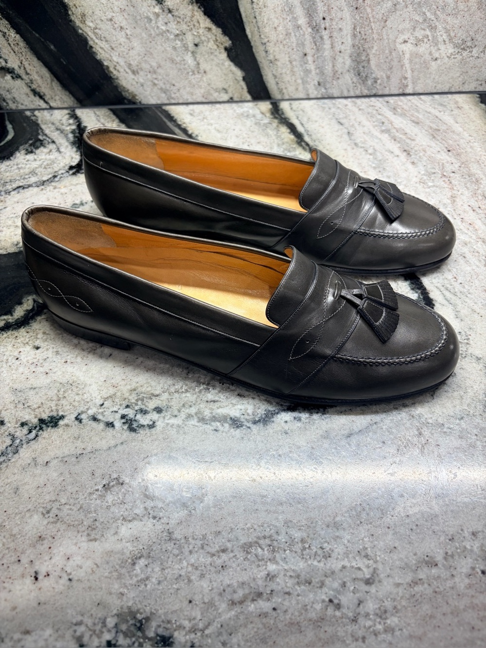Testoni Tassel Loafers Gray Olive Leather Italy Men’s 9.5 D Handmade